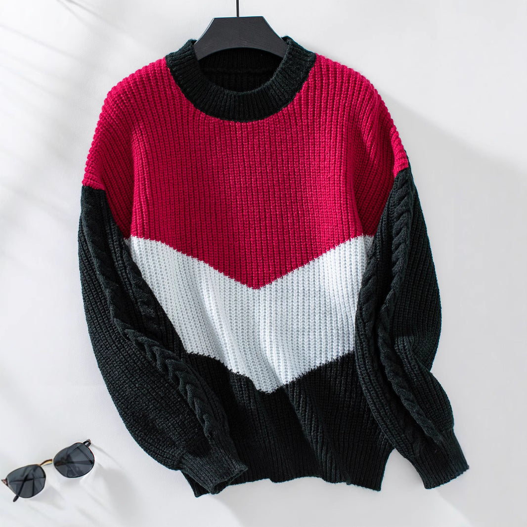 Damen Strickpullover mit modernen Farbblocklinien und Zopfmuster R&B