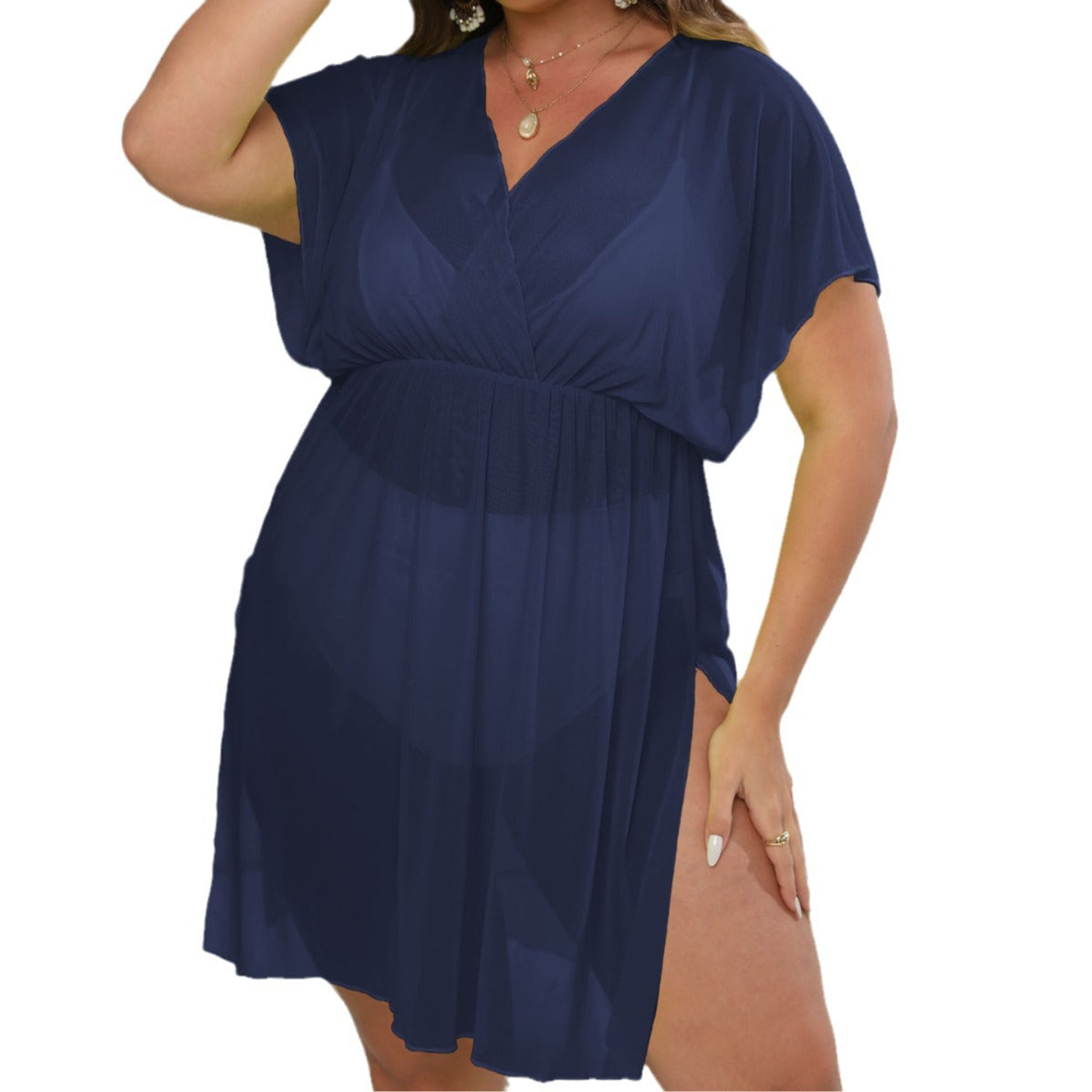 Damen luftiges Strandkleid mit V-Ausschnitt und breiten Ärmeln R&B