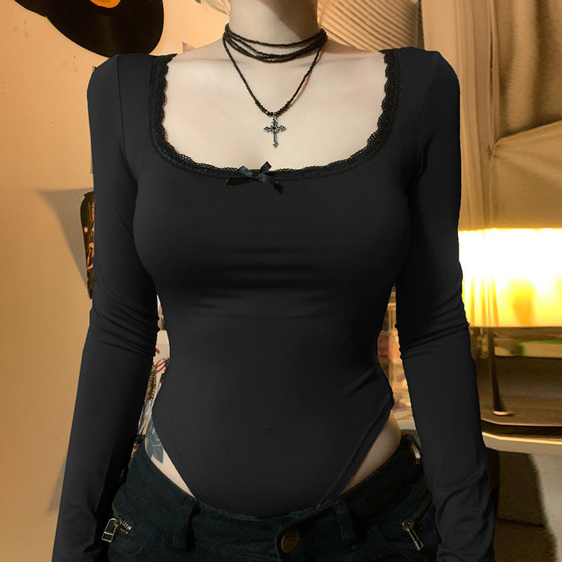 Damen Elegantes Langarm-Bodysuit mit Zierborte R&B
