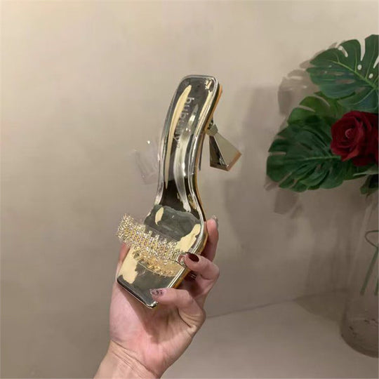 Damen elegante High Heel Sandalen mit transparentem Riemendesign und funkelnden Strassakzenten R&B