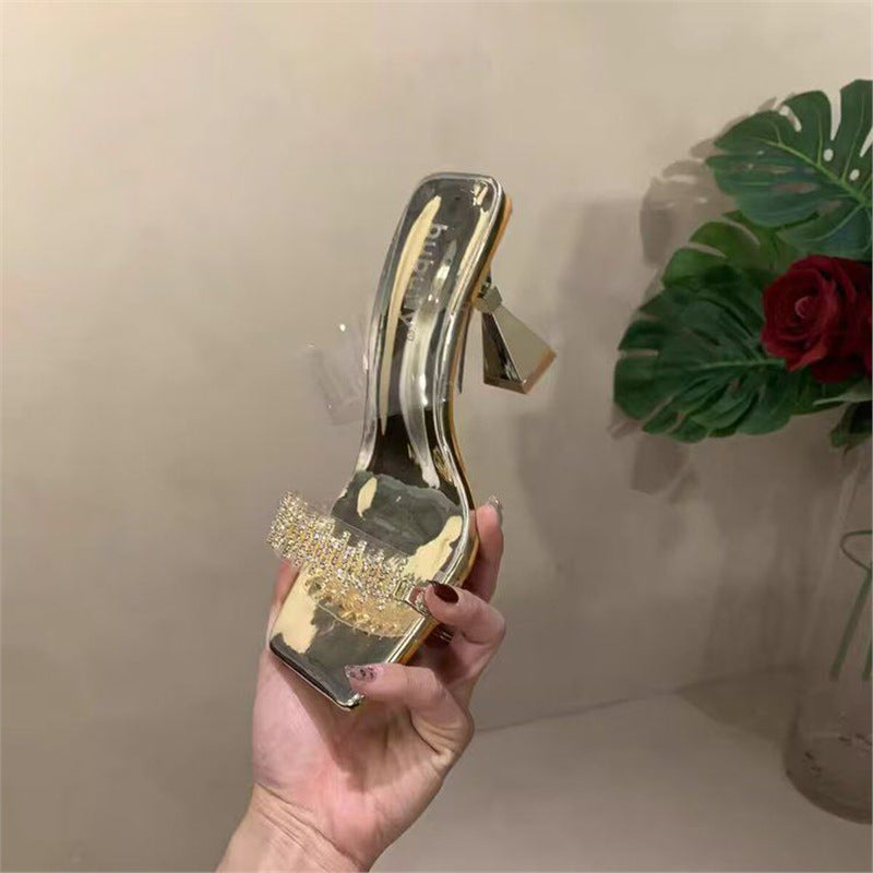 Damen elegante High Heel Sandalen mit transparentem Riemendesign und funkelnden Strassakzenten R&B