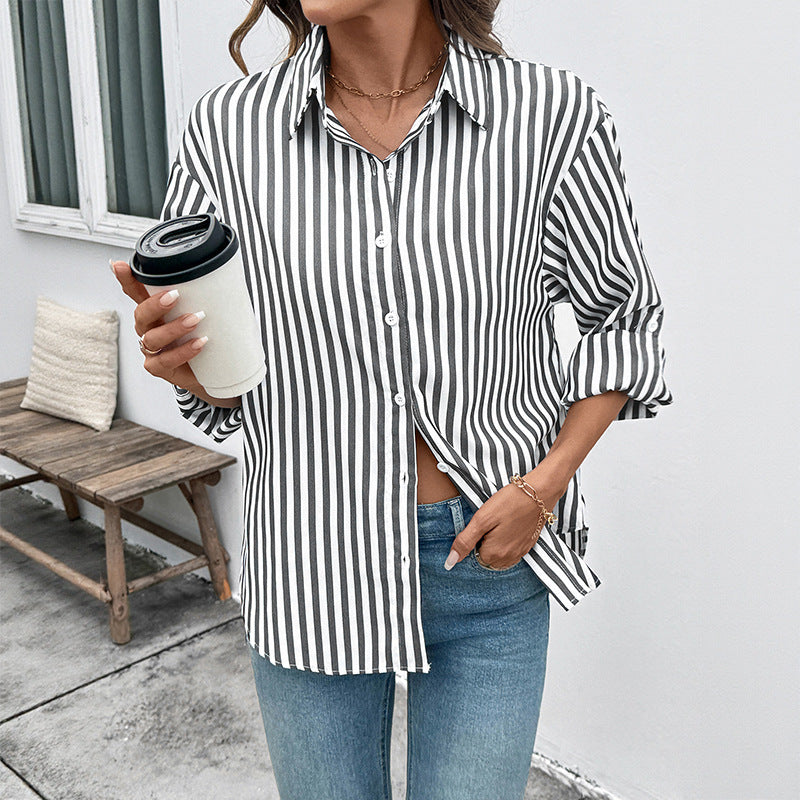 Damen gestreiftes Blusenshirt mit modernem Kragen und bequemen Ärmelaufschlägen R&B