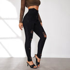 Damen Hochtaillierte Skinny Jeans mit modischen Rissen und eleganter Knopfleiste R&B