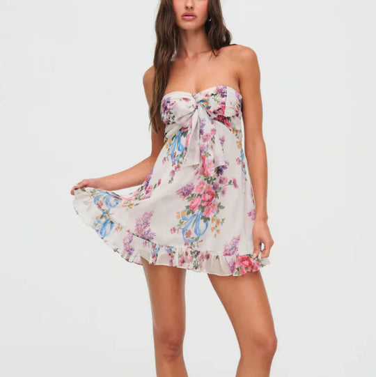 Damen nan trägerloses Chiffonkleid mit Frontschleife und Volantsaum R&B