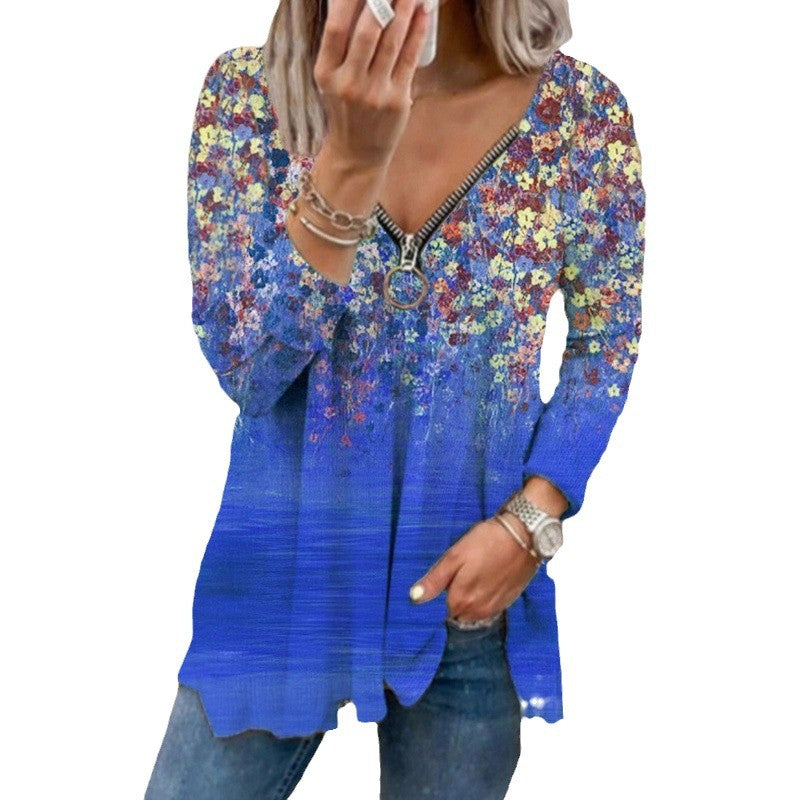 Damen Langarmshirt mit farbenfrohem Blütenmuster und modernem Zipper R&B