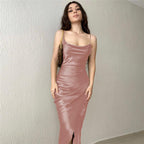 Damen Satin Maxikleid mit elegantem Schlitz und verführerischem Ausschnitt R&B