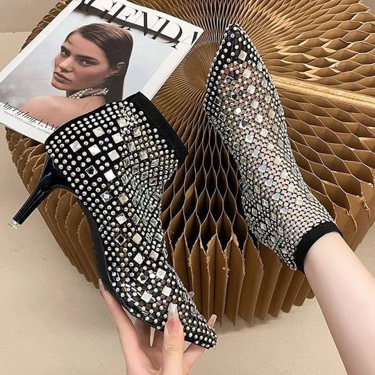 Damen elegante Netz-Stiefeletten mit funkelnden Strassverzierungen R&B