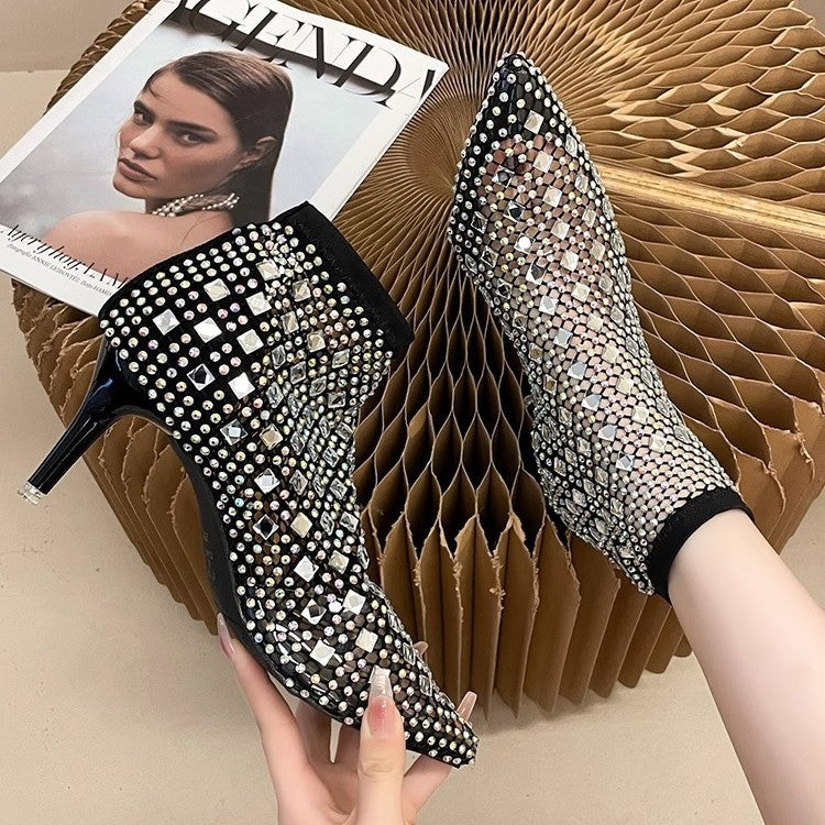Damen elegante Netz-Stiefeletten mit funkelnden Strassverzierungen R&B