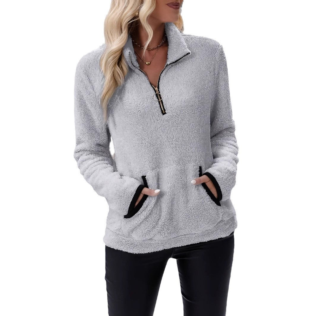 Damen Fleece Pulli mit kurzem Reißverschluss und Kängurutasche R&B