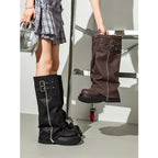 Damen modische Overknee-Stiefel mit robustem Plateau und dekorativen Schnallen R&B
