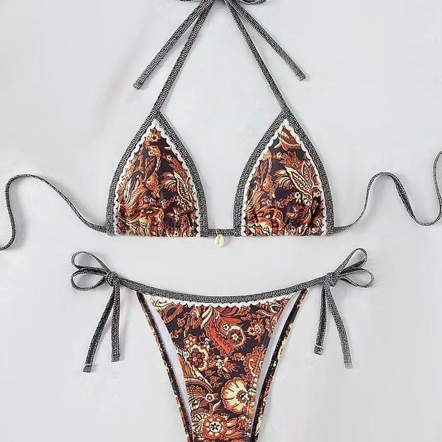 Damen Triangel-Bikini mit floralem Muster und verstellbaren Bindebändern R&B