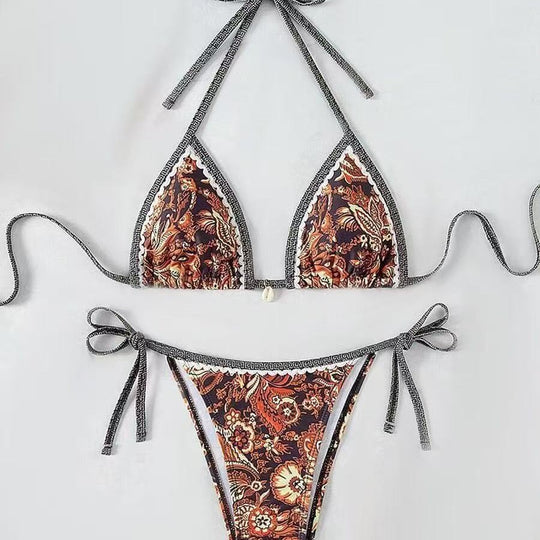 Damen Triangel-Bikini mit floralem Muster und verstellbaren Bindebändern R&B
