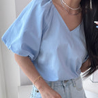 Damen Puffärmel V-Ausschnitt Top