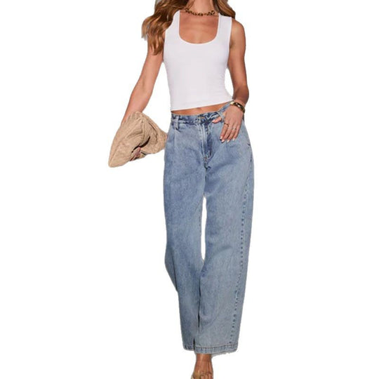 Damen weit geschnittene Denim-Jeans im lässigen Stil mit hohem Bund R&B