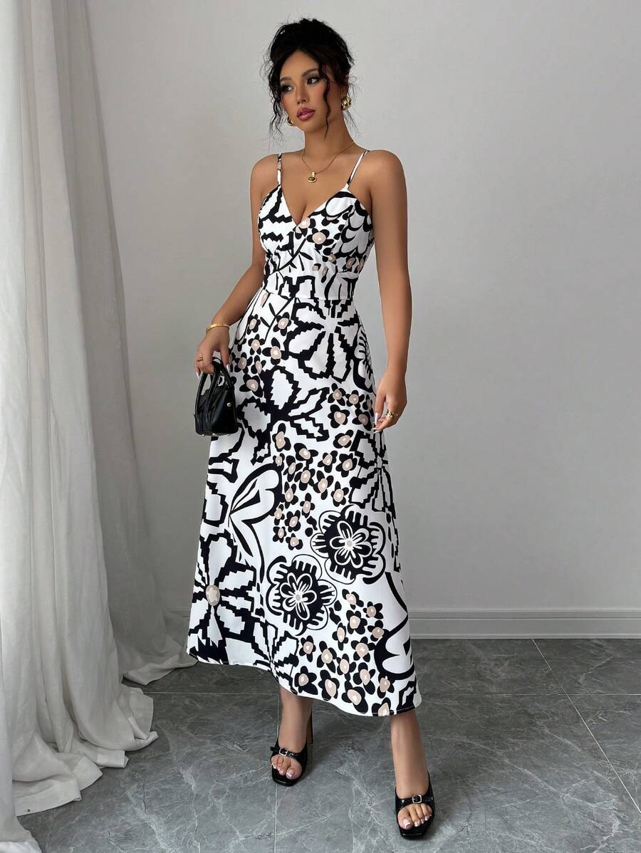 Damen Maxikleid mit elegantem grafischem Design und verstellbaren Trägern R&B