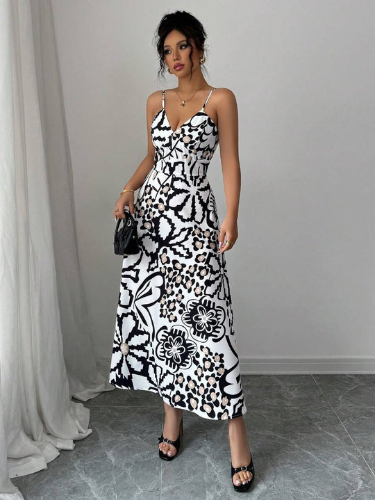 Damen Maxikleid mit elegantem grafischem Design und verstellbaren Trägern R&B
