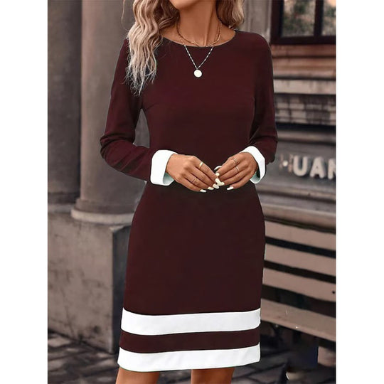 Damen Elegantes Kleid mit kontrastierenden Ärmelabschlüssen und Saum R&B