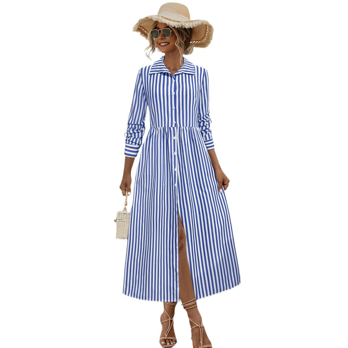 Damen Midi-Kleid mit eleganten Streifen und strukturierter Knopfleiste R&B