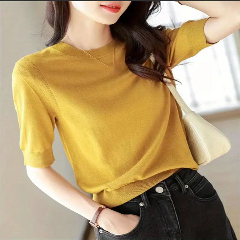 Damen eleganter Kurzarmpullover mit feiner Maschenstruktur und lässigem Schnitt R&B