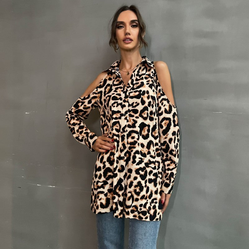 Damen Bluse mit offenen Schultern und Leopardenmuster R&B