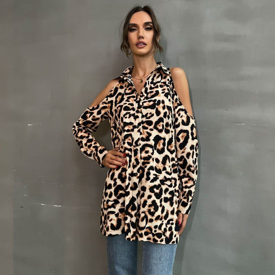 Damen Bluse mit offenen Schultern und Leopardenmuster R&B