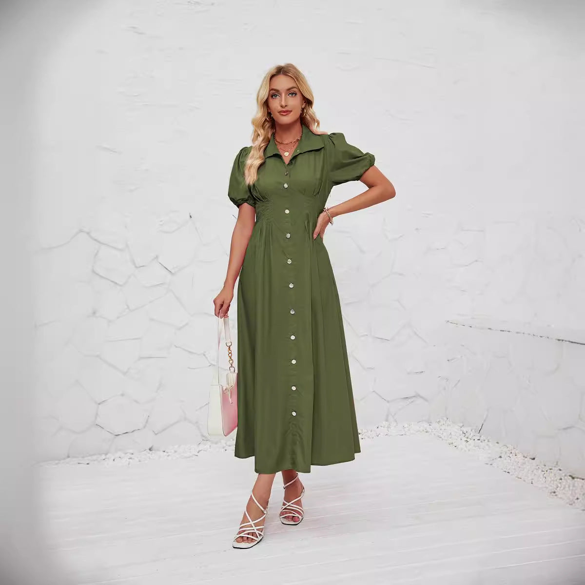 Damen Maxikleid mit schickem Hemdkragen und volumetrischen Puffärmel R&B