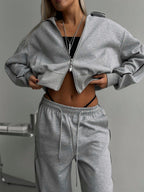 Damen nan kurzes Reißverschluss-Hoodie und hohe Taillen-Jogginghose Set mit dekorativer Seitenpaspel R&B