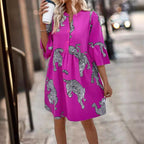 Damen nan lockeres Tunika-Kleid mit geraffter Taillennaht, Knopfleiste und grafischem Tier-Silhouettenprint R&B