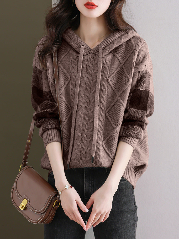 Damen Strickpullover mit Kapuze und modischem Karomuster R&B