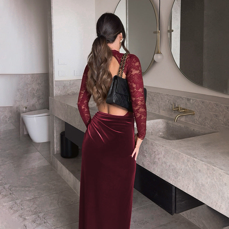 Damen Elegantes Maxi-Kleid mit Spitze und raffiniertem Taillengürtel R&B