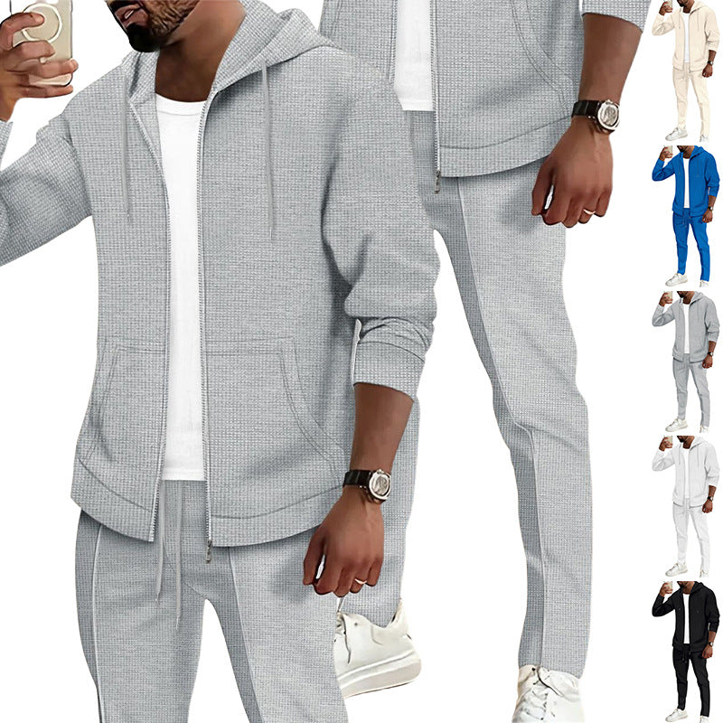 Herren nan Waffelstruktur-Jogginganzug mit Kapuzen-Zipjacke und konisch geschnittener Jogginghose R&B