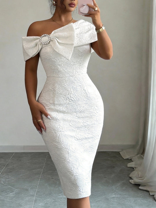 Damen elegantes Cocktailkleid mit asymmetrischem Träger und dekorativem Schleifen-Detail R&B