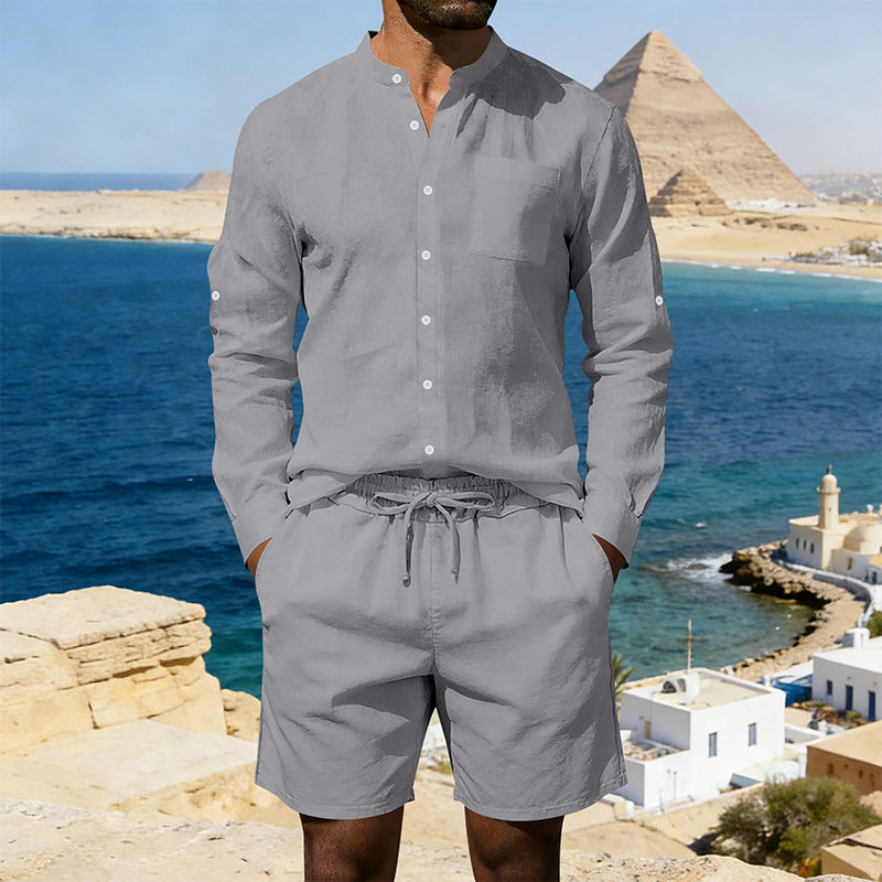 Herren nan sommerliches Leinen-Set mit Stehkragenhemd und Kordelzug-Kurzhose R&B