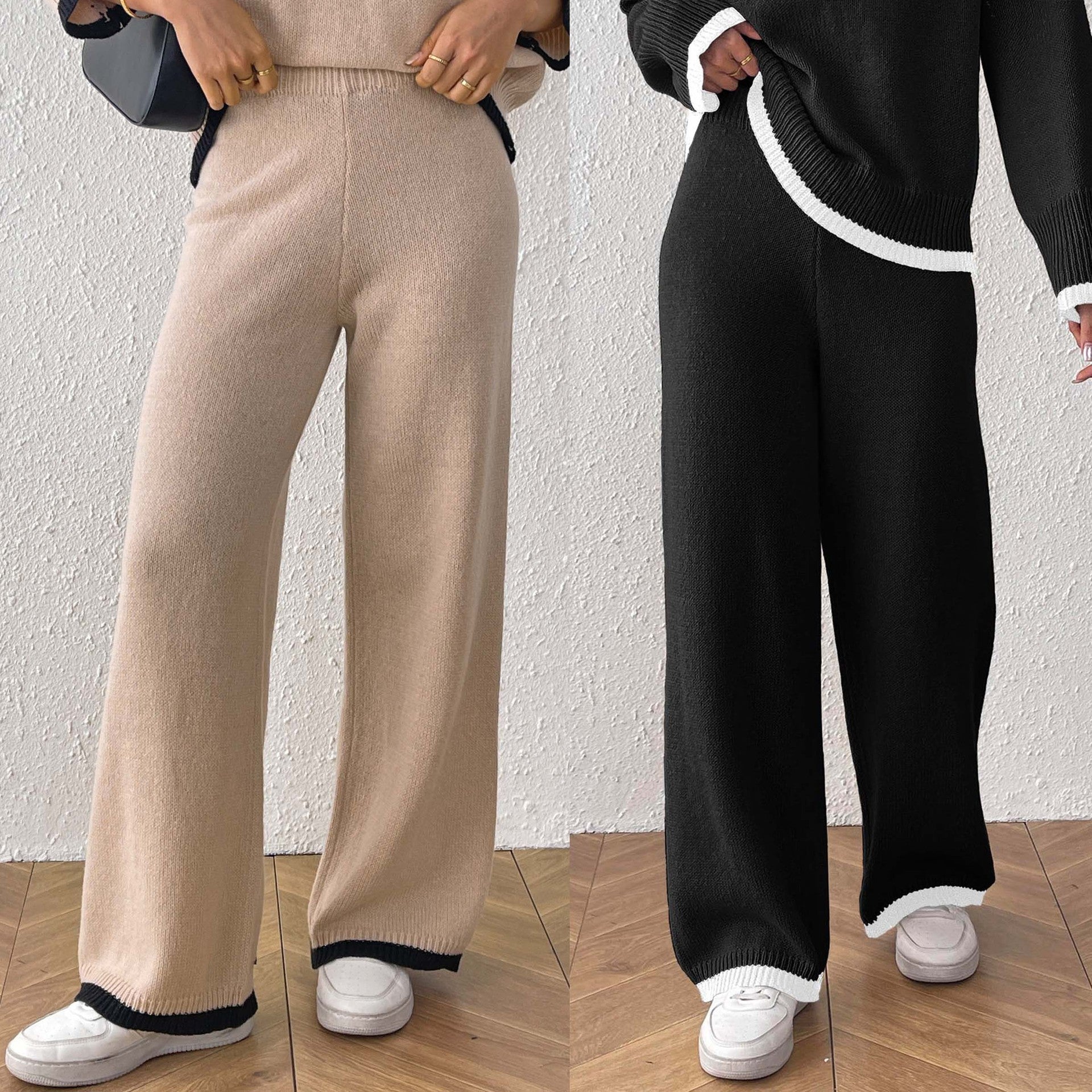 Damen lässige Strickhose mit kontrastierendem Bündchen R&B