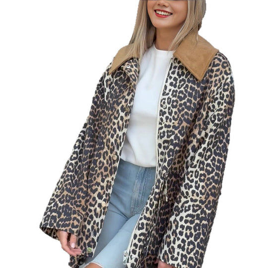 Damen modische Leopardenjacke mit funktionalen Taschen und umschlagbarem Kragen R&B