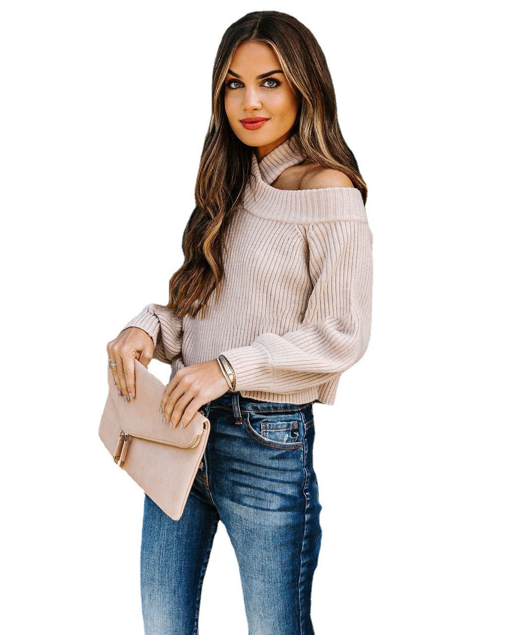 Damen Rippstrick Pullover mit schickem Kragen R&B