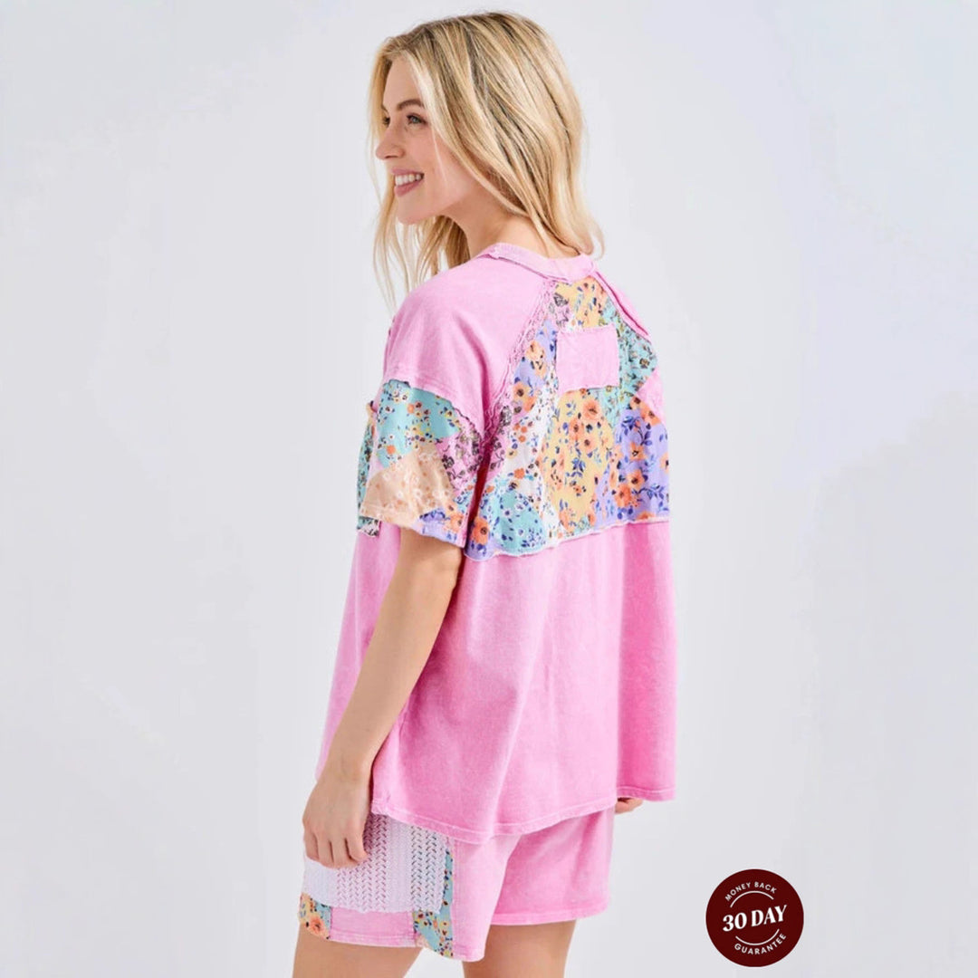 Damen nan lässiges Loungewear-Zweiteiler mit Oversize-Shirt, Kordelshorts, Patchwork-Tasche und Häkelbesatz R&B