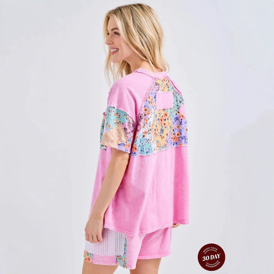 Damen nan lässiges Loungewear-Zweiteiler mit Oversize-Shirt, Kordelshorts, Patchwork-Tasche und Häkelbesatz R&B