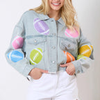 Damen Jeansjacke mit buntem Rugby-Print und lässigem Schnitt R&B