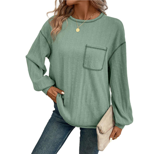 Damen Bequemer Langarm-Shirt mit Rippenstruktur und Brusttasche R&B