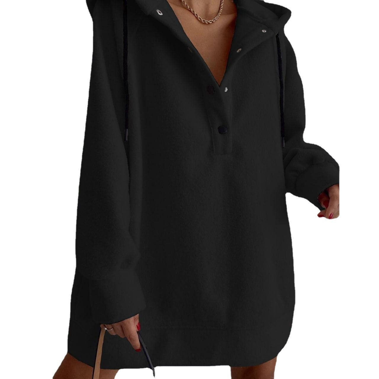 Damen nan kuscheliges Kapuzen-Fleece-Tunika-Sweatshirt mit Druckknopfleiste und überschnittener Schulter R&B