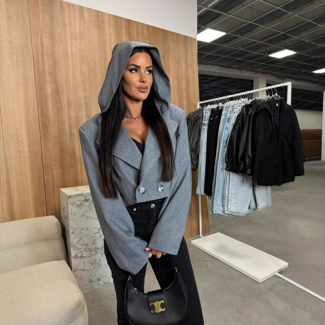 Damen Modische Jacke mit Kapuze und doppelter Knopfleiste R&B