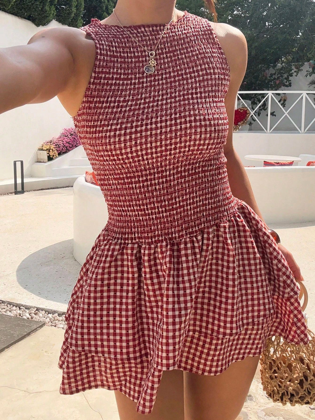 Damen ärmelloses Mini-Dress mit Karomuster und elastischem Bund R&B