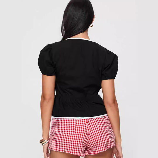 Damen Crop-Oberteil mit Puffärmeln und verstellbaren Bindebändern R&B