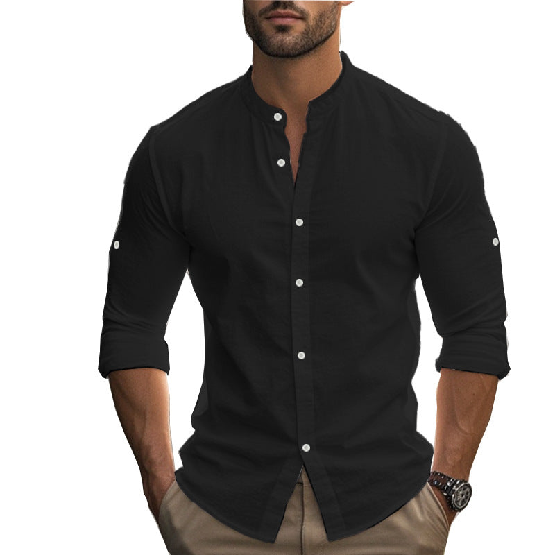 Herren Langarm-Hemd mit modernem Henley-Kragen und kontrastierenden Knopfdetails R&B
