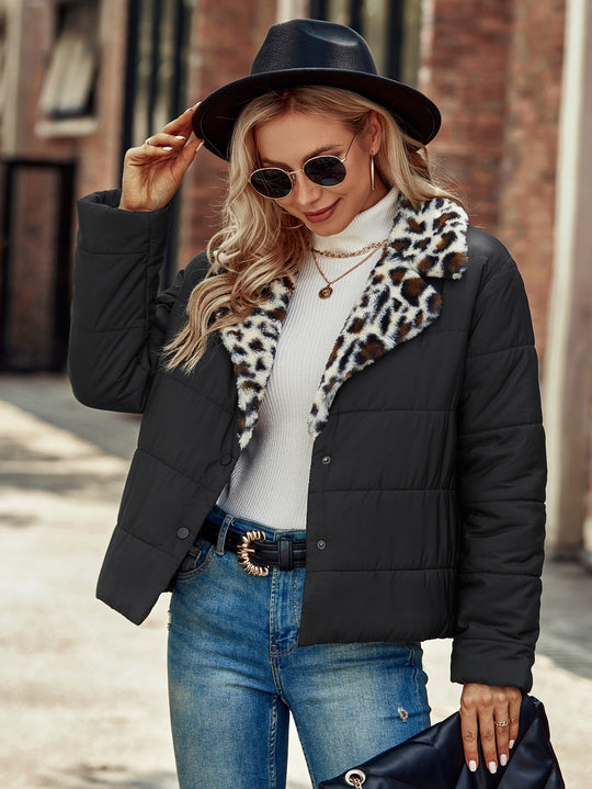 Damen Modische Steppjacke mit Leopardenkragen R&B