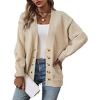Damen gemütliche Strickjacke mit Knopfdetails und tiefem V-Ausschnitt