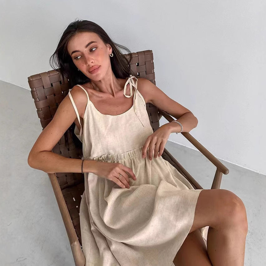 Damen lässiges Leinen A-Linien Kleid R&B