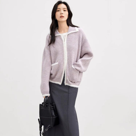 Damen Flauschiger Strickcardigan mit praktischen Taschen und hohem Kragen R&B