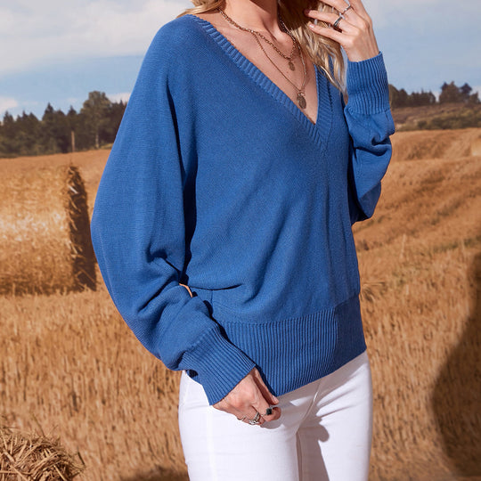 Damen V-Ausschnitt Strickpullover mit weitem Schnitt und gekräuselten Ärmeln R&B